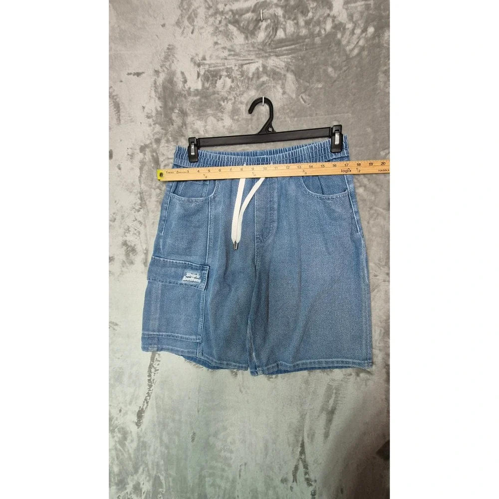 Peacebird Mens Blue Denim Cargo Shorts Elastic Waist Shark Bottom Patch 34